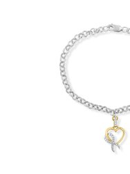 10K Yellow Gold 1/10 Cttw Diamond Awareness Ribbon & Heart Charm on 7" .925 Sterling Silver Rolo Bracelet - Gold