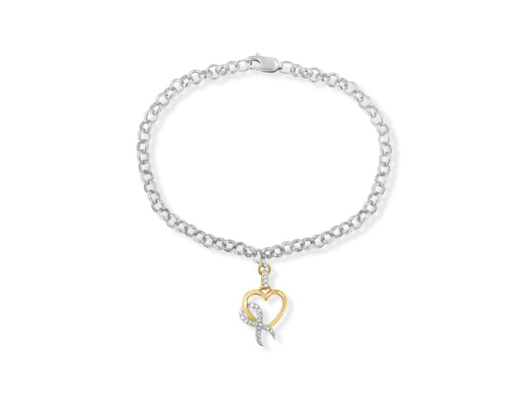 10K Yellow Gold 1/10 Cttw Diamond Awareness Ribbon & Heart Charm on 7" .925 Sterling Silver Rolo Bracelet - Gold