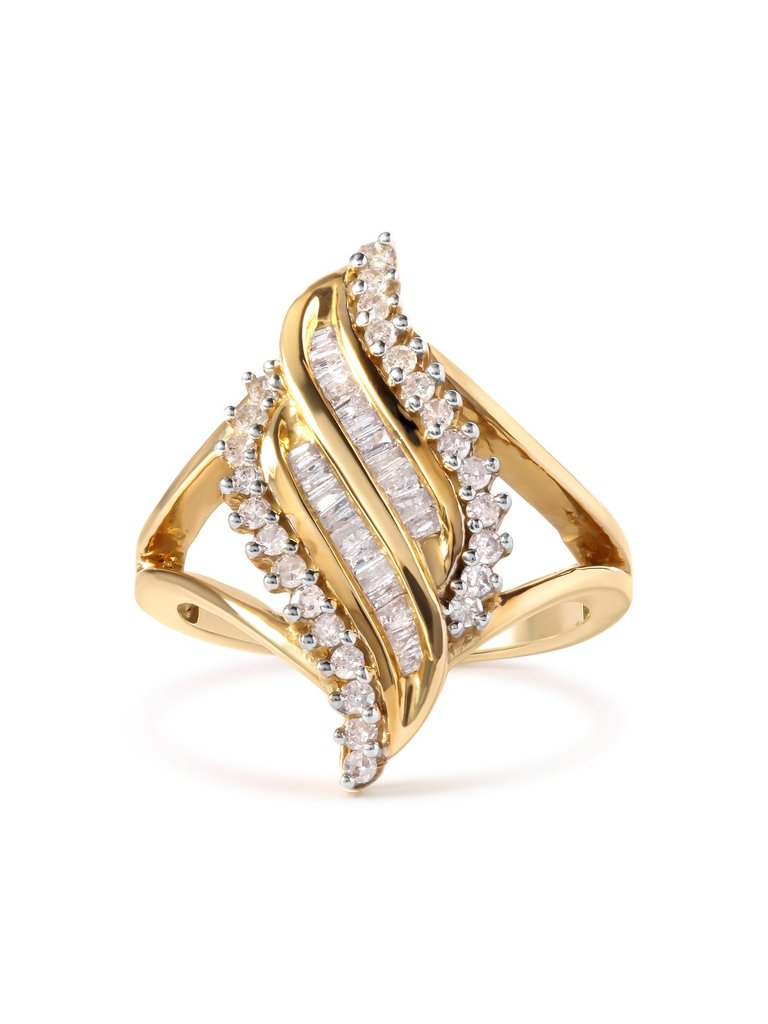 10K Yellow Gold 1/2 Cttw Round And Baguette Cut Diamond Cocktail Ring - Gold