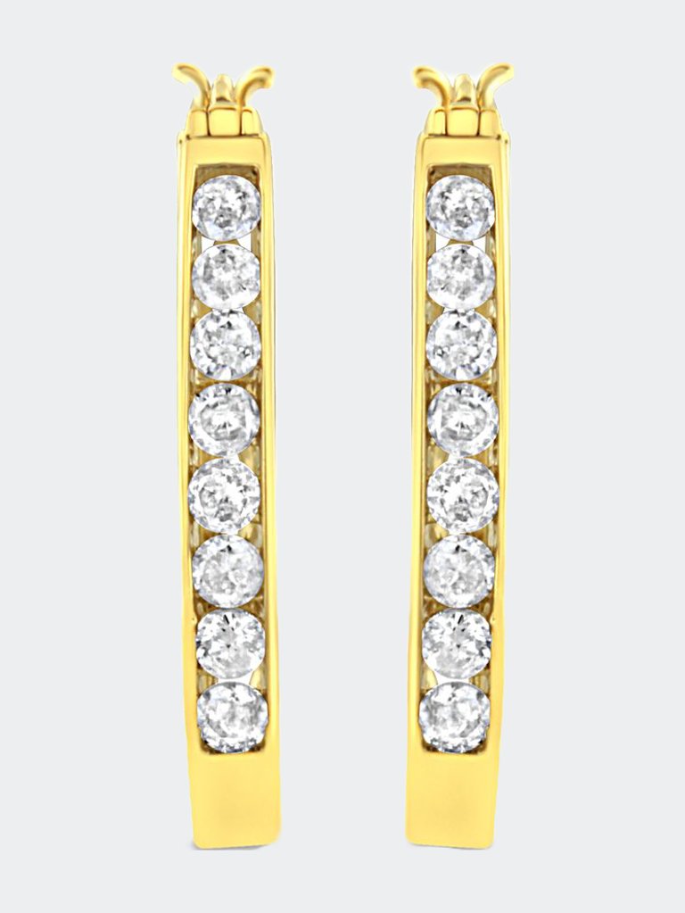 10K Yellow Gold 1/2 Cttw Round and Baguette-Cut Diamond Hoop Earrings