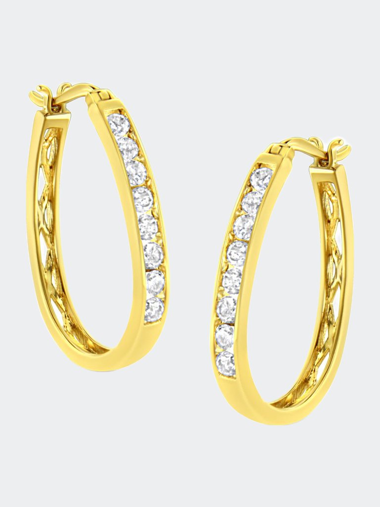 10K Yellow Gold 1/2 Cttw Round and Baguette-Cut Diamond Hoop Earrings - Yellow