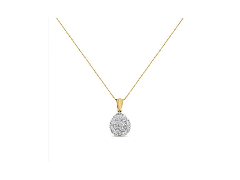 10K Yellow Gold 1/2 Cttw Round and Baguette Cut Diamond Oval Burst 18" Pendant Necklace - Yellow