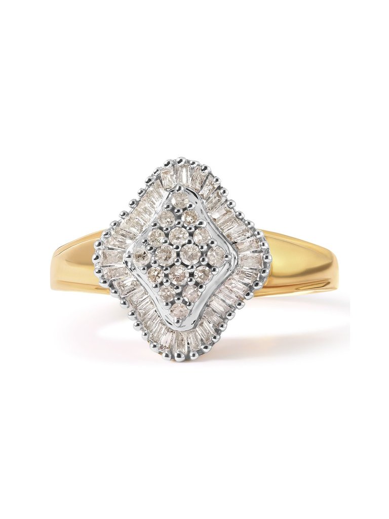 10K Yellow Gold 1/2 Cttw Round And Baguette-Cut Diamond Rhombus Head And Halo Ring - Ring Size 7 - Gold