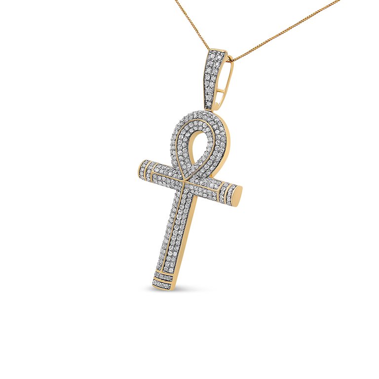 10K Yellow Gold 1 7/8 Cttw Round Diamond Ankh Cross Pendant Necklace for Men - H-I Color, SI1-SI2 Clarity