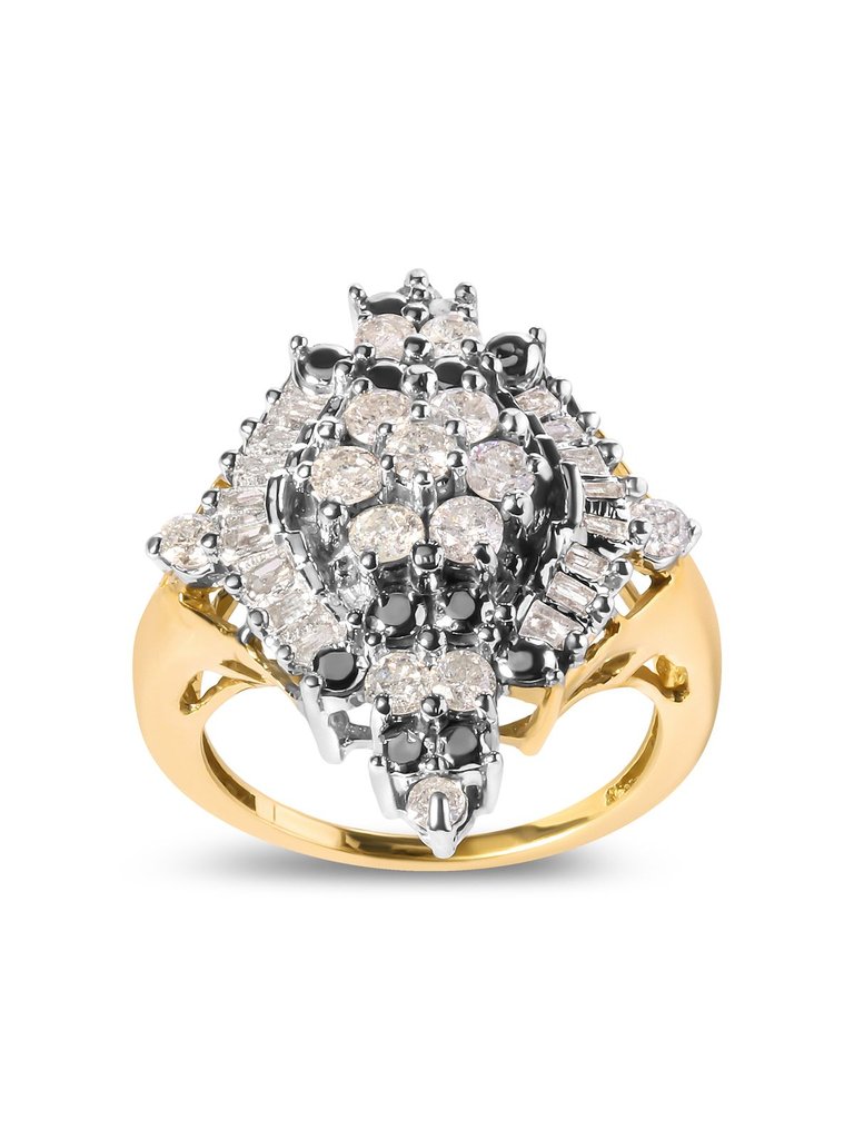 10K Yellow Gold 1 Cttw Round And Baguette Cut Diamond Cluster And Rhombus Halo Ring - Ring Size 7