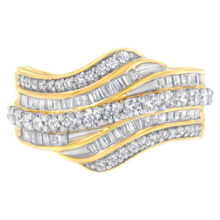 10K Yellow Gold 1.0 Cttw Baguette And Round Diamond Multi-Row Wave Bypass Ring - I-J Color, I1-I2 Clarity - Ring Size 6 - Yellow Gold