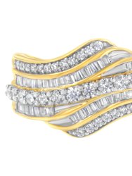 10K Yellow Gold 1.0 Cttw Baguette And Round Diamond Multi-Row Wave Bypass Ring - I-J Color, I1-I2 Clarity- Ring Size 7 - Yellow Gold