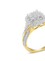 10K Yellow Gold 1.0 Cttw Diamond Composite Cushion-Shape Halo 3-Band-Look Engagement Ring - Yellow Gold