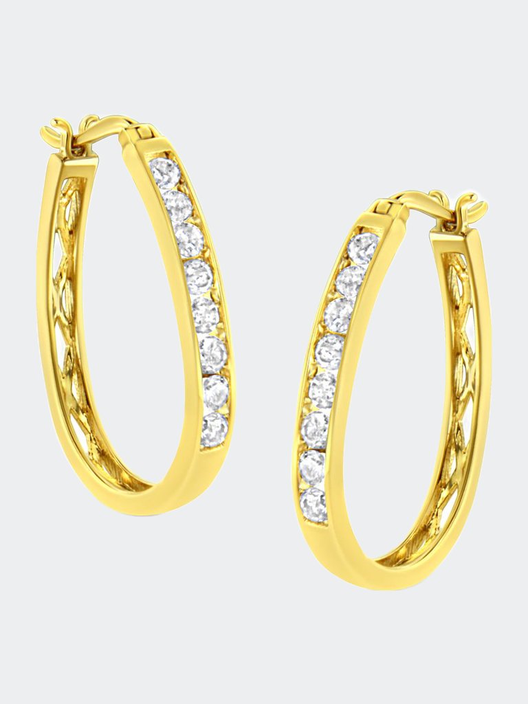 10K Yellow Gold 1.0 Cttw Round and Baguette-Cut Diamond Hoop Earrings - Yellow