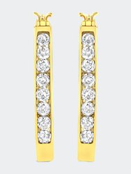 10K Yellow Gold 1.0 Cttw Round and Baguette-Cut Diamond Hoop Earrings