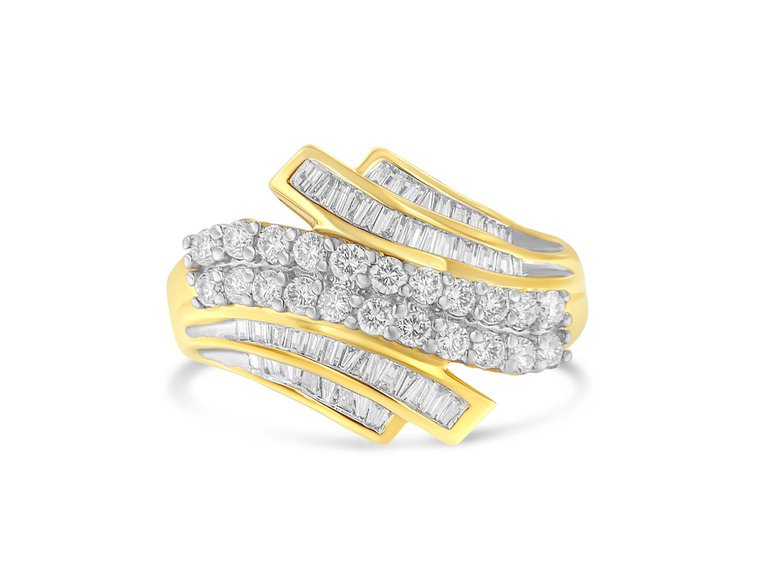 10K Yellow Gold 1.0 Cttw Round & Baguette Cut Diamond 64 Stone Bypass Style Channel Set Modern Statement Ring - Yellow Gold