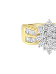 10k Yellow Gold 1.0 Cttw Round & Baguette Cut Diamond Floral Cluster Double-Channel Flared Band Statement Ring - 10k Yellow Gold
