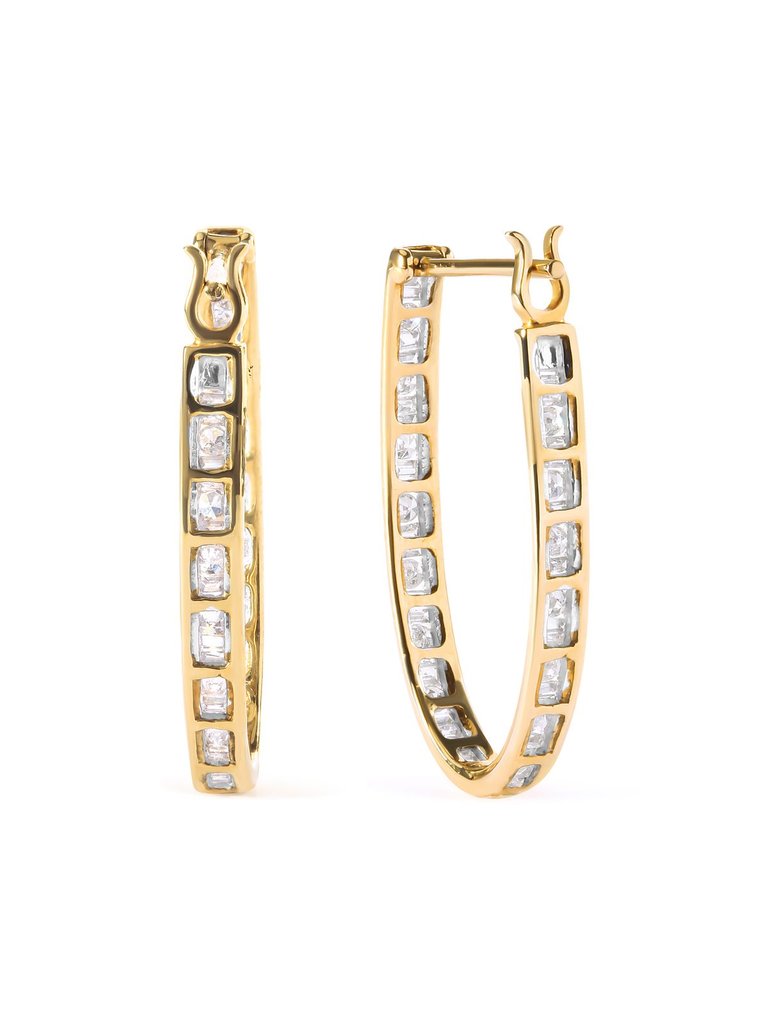 10K Yellow Gold 1.00 Cttw Round And Baguette-Cut Diamond U-Hoop Earrings