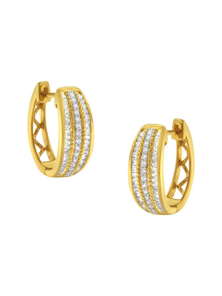 10K Yellow Gold 3/4 Cttw Pave and Channel Set Diamond Triple Row Modern Hoop Earrings - Gold