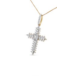10K Yellow Gold 7/8 Cttw Round & Baguette Diamond Zigzag Pattern Cross Pendant Necklace - H-I Color, SI2-I1 Clarity