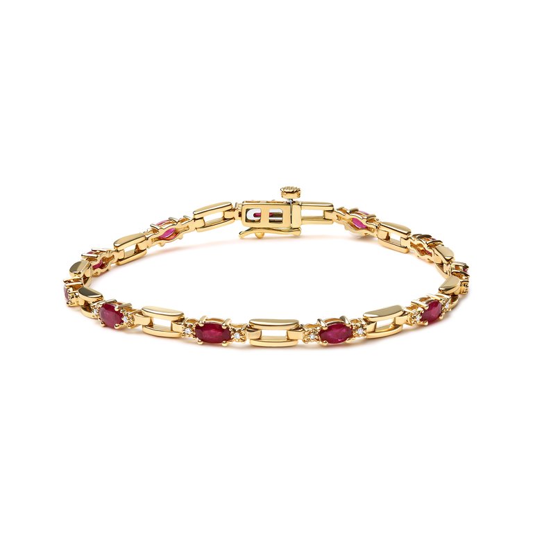 10K Yellow Gold Oval Ruby and 1/10 Cttw Diamond Bar Prong Set Bracelet (H-I Color, SI1-SI2 Clarity) - Size 7" - Yellow Gold