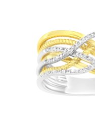 10K Yellow Gold Plated .925 Sterling Silver 1/10 Cttw Diamond Multi Row Crossover Ring Band (I-J Color, I1-I2 Clarity) - White, Yellow