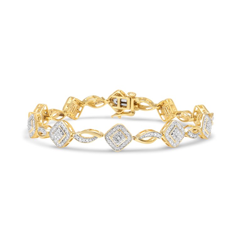 10K Yellow Gold Plated .925 Sterling Silver 1/4 Cttw Diamond Alternating Art Deco Square And Swirl Link 7.25" Bracelet - I-J Color, I2-I3 Clarity - Sterling Silver
