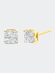 10K Yellow Gold Plated .925 Sterling Silver 1.0 Cttw Princess-Cut Diamond Composite Multi Stone Stud Earrings - Yellow Gold