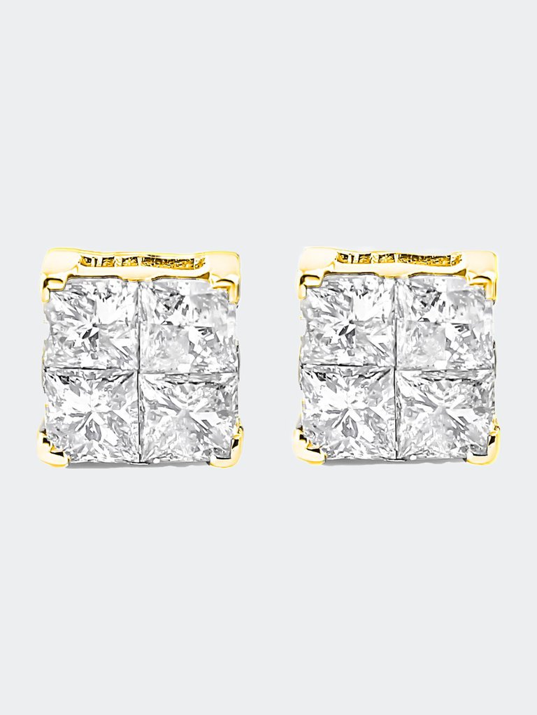 10K Yellow Gold Plated .925 Sterling Silver 1.0 Cttw Princess-Cut Diamond Composite Multi Stone Stud Earrings