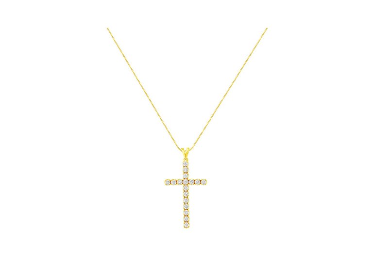 10k Yellow Gold Plated .925 Sterling Silver 2.0 cttw Classic Prong Set Round-Cut Diamond Cross 18" Pendant Necklace
