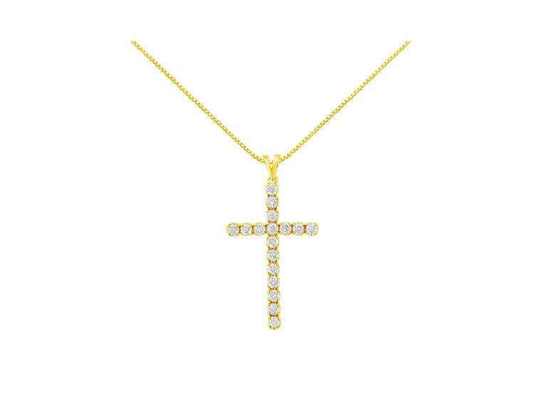10k Yellow Gold Plated .925 Sterling Silver 2.0 cttw Classic Prong Set Round-Cut Diamond Cross 18" Pendant Necklace - 10k yellow gold