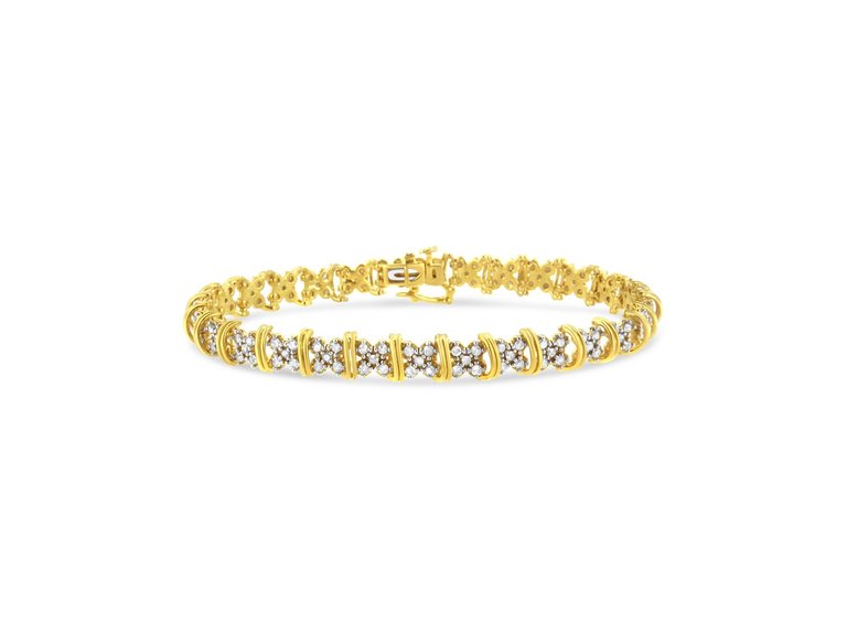 10K Yellow Gold Plated .925 Sterling Silver 2.0 Cttw Round Diamond Cluster "X" Shaped Link Bracelet - 10K Yellow Gold