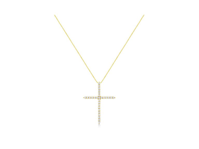 10K Yellow Gold Plated .925 Sterling Silver 3.0 Cttw Prong-Set Round Brilliant Cut Diamond Cross 18" Pendant Necklace
