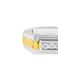 10K Yellow Gold Plated .925 Sterling Silver Diamond Accent Miracle-Set 3 Stone Ridged Band Gentlemen's Fashion Ring - White/Yellow