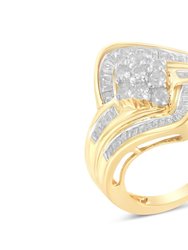 10K Yellow Gold Round And Baguette-Cut Diamond Bypass Cluster Ring - Yellow Gold