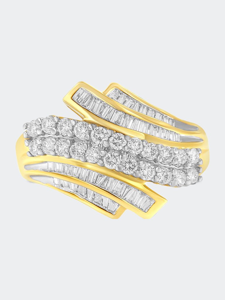 10K Yellow Gold Round And Baguette Cut Diamond Bypass Ring - Yellow