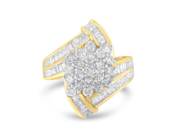 10K Yellow Gold Round and Baguette Diamond Crossover Cluster Ring - Yellow Gold