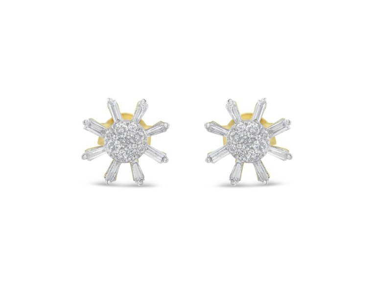 10k Yellow Gold Round And Baguette Diamond Stud Earring - Yellow
