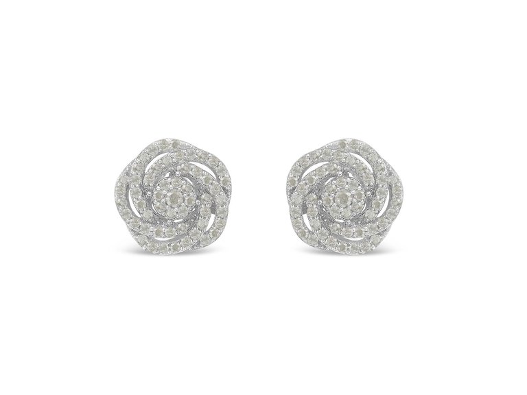 10KT White Gold Diamond Flower Stud Earring - White