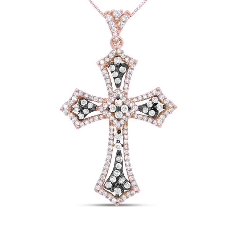 14K Rose Gold And Black Rhodium 1.0 Cttw Diamond Ornate Vintage St. James Budded Cross Pendant 18" Necklace - Brown/H-I Color, SI1-SI2 Clarity - Rose Gold