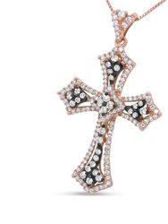 14K Rose Gold And Black Rhodium 1.0 Cttw Diamond Ornate Vintage St. James Budded Cross Pendant 18" Necklace - Brown/H-I Color, SI1-SI2 Clarity