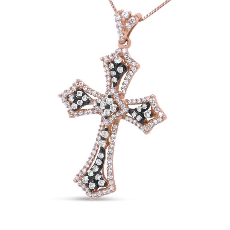 14K Rose Gold And Black Rhodium 1.0 Cttw Diamond Ornate Vintage St. James Budded Cross Pendant 18" Necklace - Brown/H-I Color, SI1-SI2 Clarity