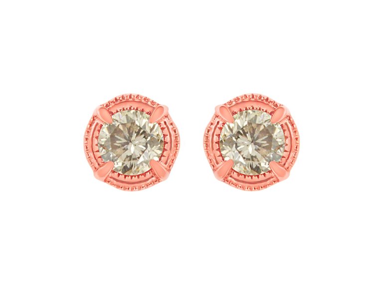 14K Rose Gold Plated .925 Sterling Silver 1.0 Cttw Round Brilliant Cut Diamond Solitaire Milgrain Stud Earrings - 14K Rose Gold Plated