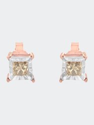 14K Rose Gold Plated Two-Tone .925 Sterling Silver 1/2 Cttw Princess-Cut Square Diamond Solitaire Miracle-Plate Stud Earrings