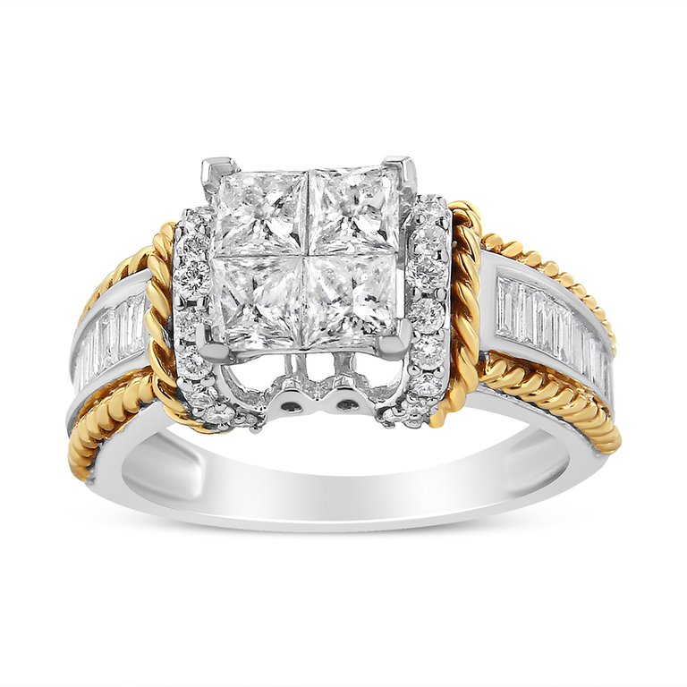 14K White And Yellow Gold 1 1/2 Cttw Invisible Set Princess-Cut Diamond Quad Style Engagement Ring - H-I Color, SI2-I1 Clarity - Ring Size 7