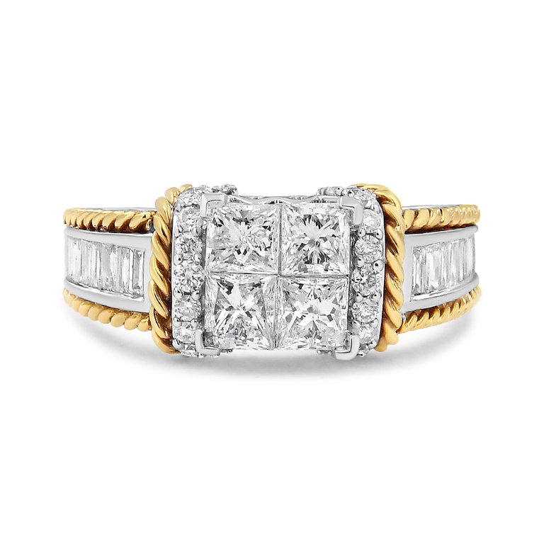 14K White And Yellow Gold 1 1/2 Cttw Invisible Set Princess-Cut Diamond Quad Style Engagement Ring - H-I Color, SI2-I1 Clarity - Ring Size 7 - White/Yellow Gold