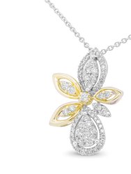 14K White And Yellow Gold 5/8 Cttw Round Diamond Marquise Floral Style 18" Pendant Necklace - H-I Color, I1-I2 Clarity