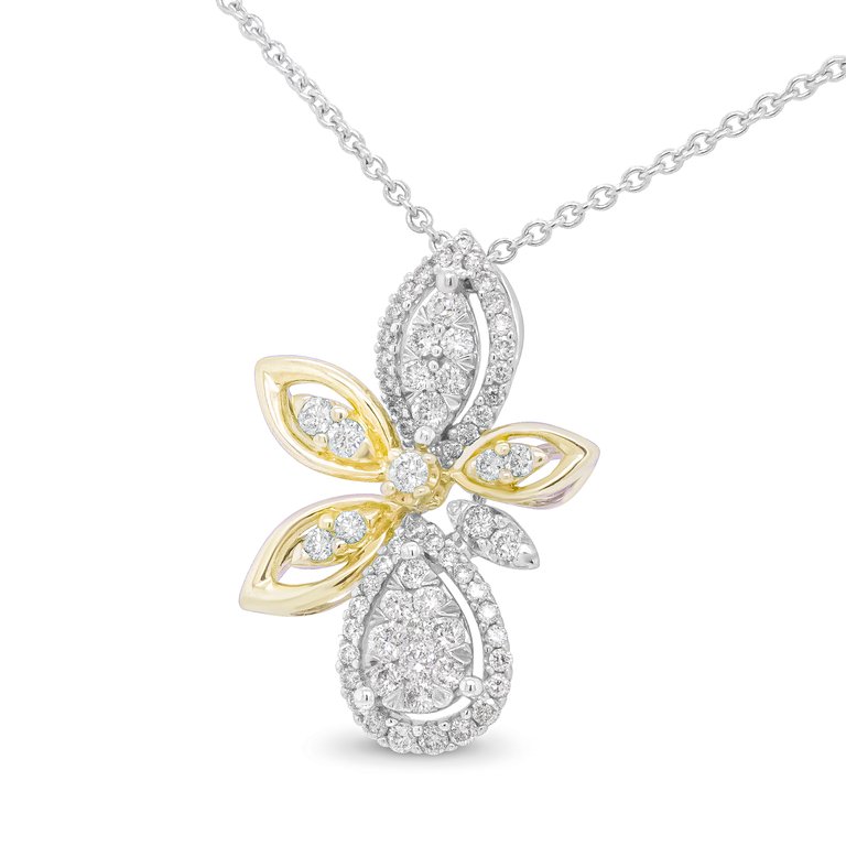 14K White And Yellow Gold 5/8 Cttw Round Diamond Marquise Floral Style 18" Pendant Necklace - H-I Color, I1-I2 Clarity