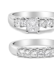 14K White Gold 1 1/2 Cttw 5 Stone Princess Diamond Engagement Wedding Ring Set - H-I Color, SI2-I1 Clarity - Ring Size 7 - White Gold