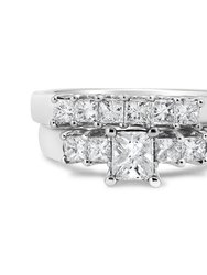 14K White Gold 1 1/2 Cttw 5 Stone Princess Diamond Engagement Wedding Ring Set - H-I Color, SI2-I1 Clarity - Ring Size 7