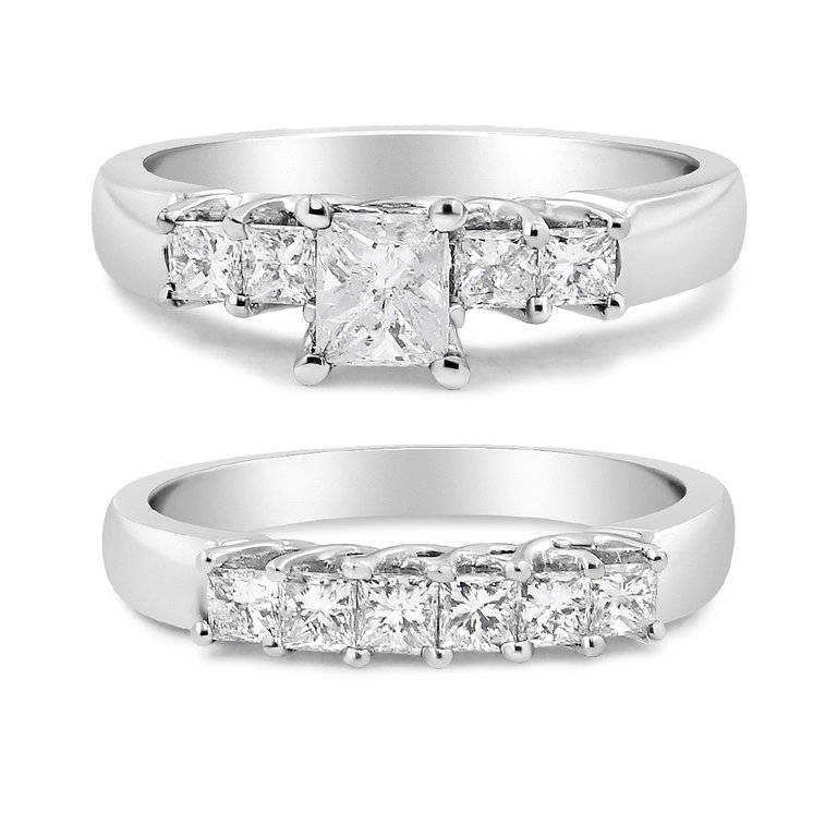 14K White Gold 1 1/2 Cttw 5 Stone Princess Diamond Engagement Wedding Ring Set - H-I Color, SI2-I1 Clarity - Ring Size 7 - White Gold