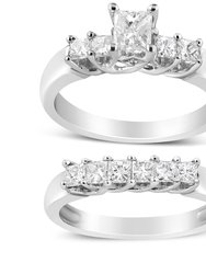 14K White Gold 1 1/2 Cttw 5 Stone Princess Diamond Engagement Wedding Ring Set - H-I Color, SI2-I1 Clarity - Ring Size 7