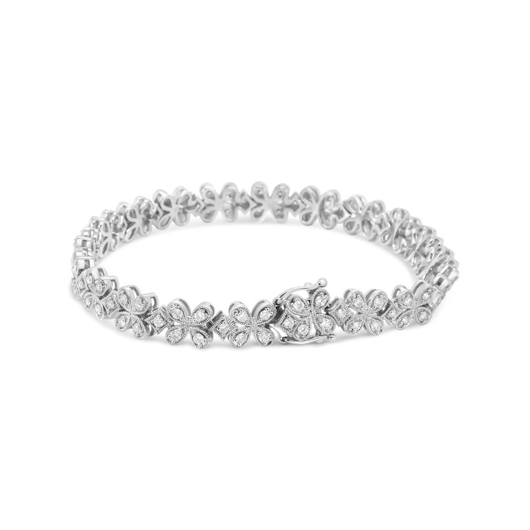 14K White Gold 1 1/2 Cttw Round Diamond Floral Clover-Shaped Link Bracelet - H-I Color, SI1-SI2 Clarity - Size 7"