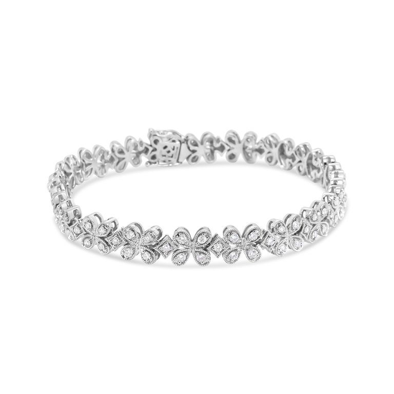 14K White Gold 1 1/2 Cttw Round Diamond Floral Clover-Shaped Link Bracelet - H-I Color, SI1-SI2 Clarity - Size 7" - White Gold
