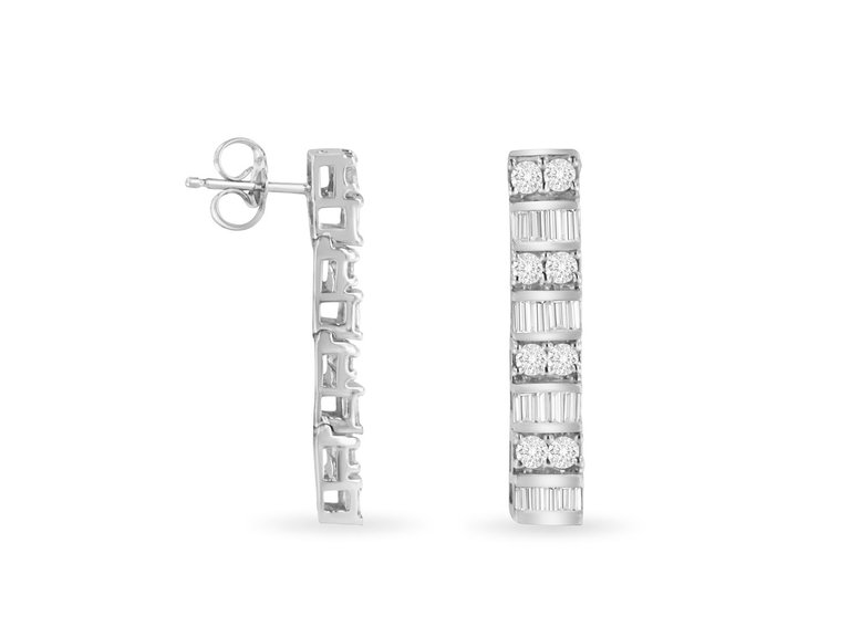 14K White Gold 1 1/3 Cttw Round And Baguette Cut Diamond Earrings